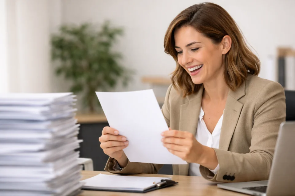 Recruteuse en entreprise analysant avec enthousiasme un CV moderne et professionnel sur une seule page, illustrant les bonnes pratiques pour réussir son CV en 2026 et capter l’attention des recruteurs.