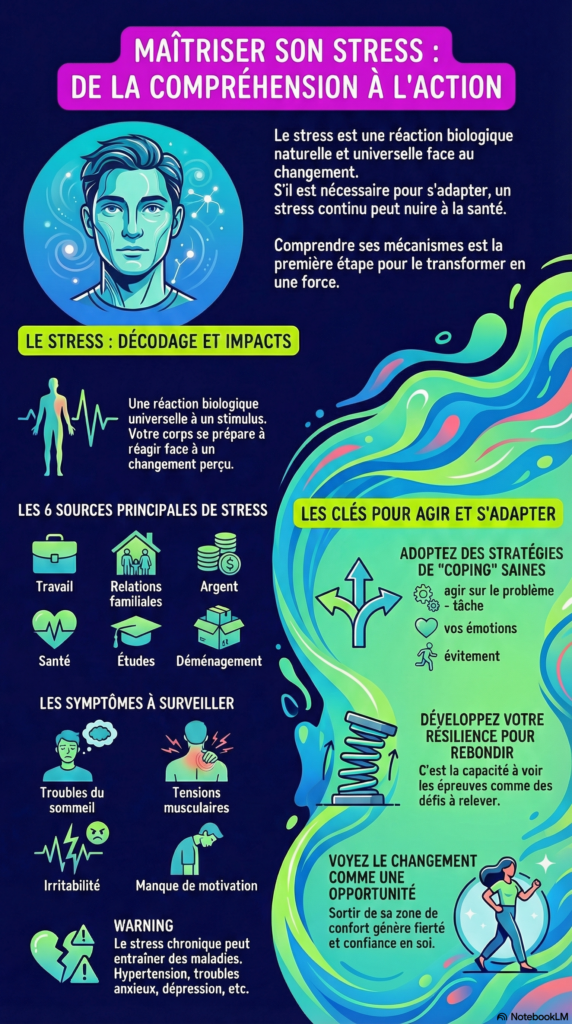 Infographie présentant les principaux signes du stress, les sources de stress les plus fréquentes, des pistes pour mieux le gérer au quotidien et les erreurs courantes qui entretiennent la surcharge mentale.