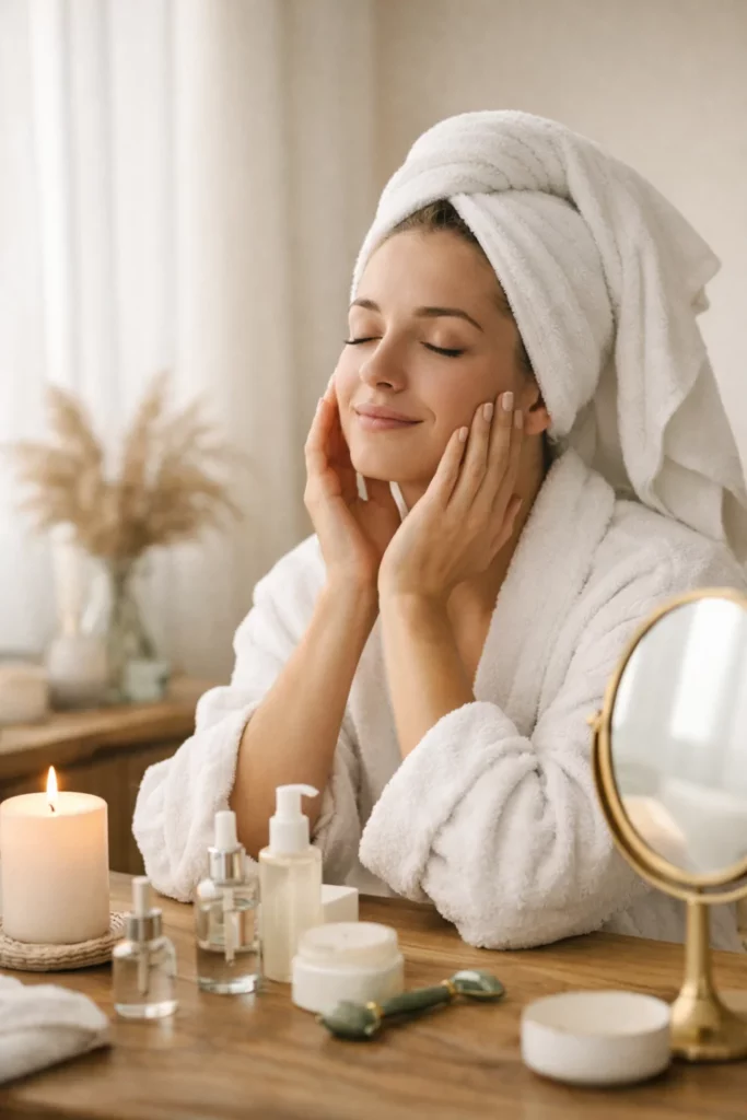 Femme en peignoir réalisant sa routine beauté du visage dans une ambiance calme et lumineuse, symbole de bien-être, d’ancrage et de reconnexion à soi lors d’une période de transition professionnelle.